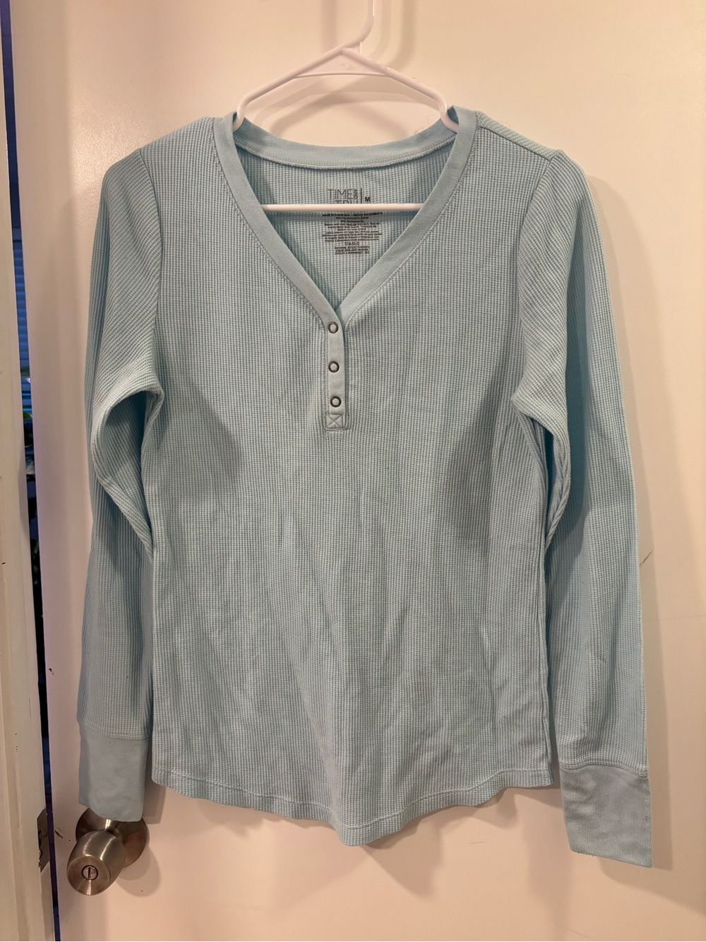 Time and Tru Light Blue Ribbed Henley Top